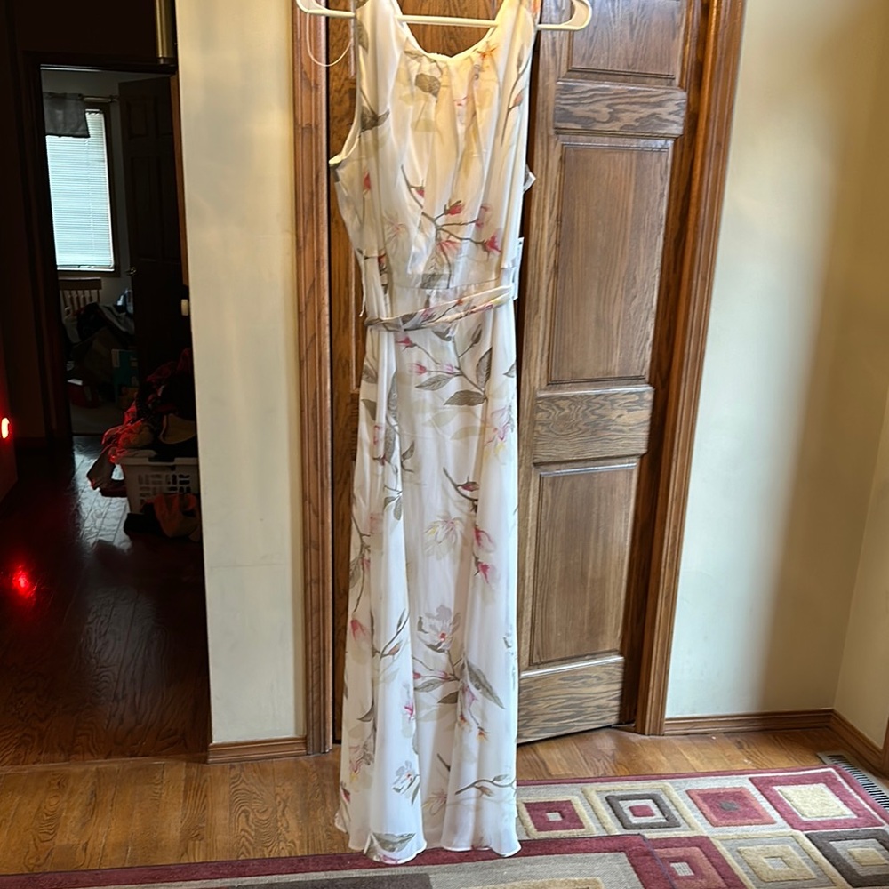 Floral Chiffon Maxi Dress - White with Pink & Green
